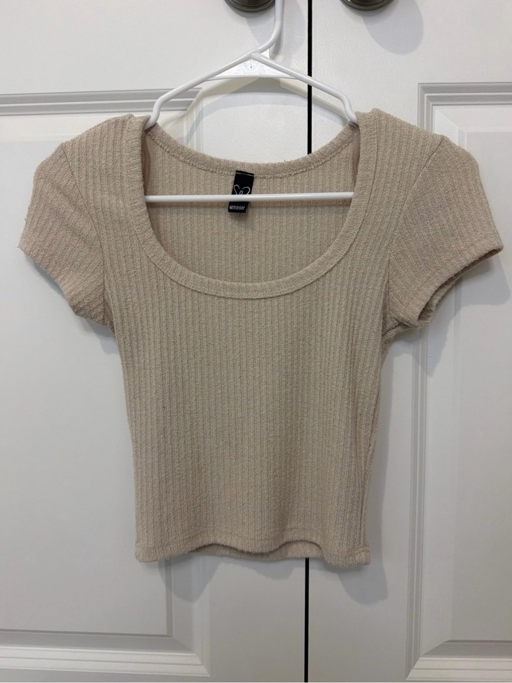 Windsor Cream Ribbed Short Sleeve Scoop Neck Top